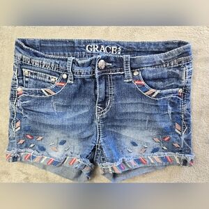 Grace In LA Shorts Girls  Embroidered Blue Jean Cut-off
